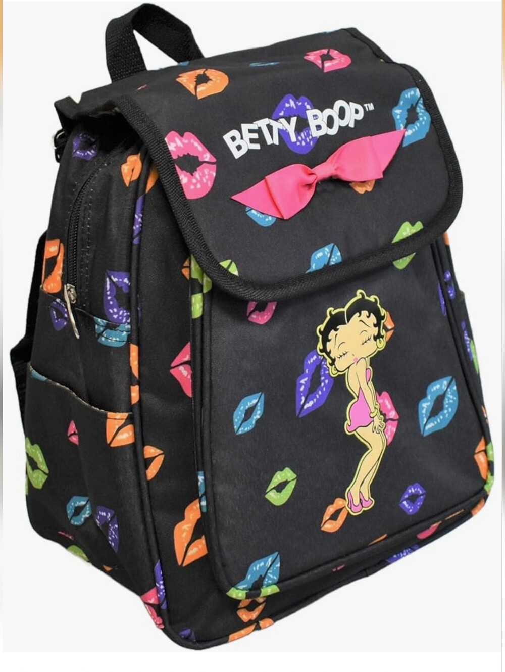 Betty Boop Black Kids Backpack with Multicolor Lips and Pink Bow
